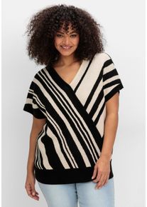 Große Größen Kurzarm-Pullover mit Jacquard-Streifen Gr. 52 schwarz gestreift von sheego für Damen