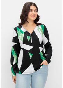 Große Größen Langarmshirt mit Grafikprint und Reißverschluss Gr. 48 schwarz von sheego für Damen