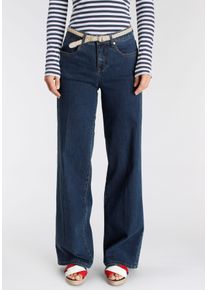 DELMAO Damen Weite Jeansd blau used, Basic, Gr. 34, kontrastfarbene Details, bestickt, Denim/Jeans, Obermaterial: 74% Baumwolle, 24% Polyester, 2%