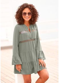 Lascana Longbluse beige Gr. 32/34 für Damen. V-Ausschnitt und Spitzenbänder. Figurumspielend. Nachhaltig.