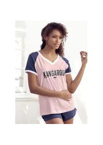 Shorty Kangaroos, Damen, Gr. 40/42, bunt (rosa, dunkelblau), Single Jersey, Obermaterial: 100% Baumwolle, bedruckt, bequem kurz, V-Ausschnitt, Raglan&auml;rmel kontrastfarben, Homewear-Sets Shorty, mit kontrastfarbenen Raglan&auml;rmeln