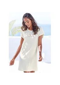 Nachthemd Lascana, Damen, Gr. 36/38, N-Gr, beige (ecru), Single Jersey, Obermaterial: 50% Baumwolle, 50% Viskose, unifarben, loose fit mini, Rundhals, angeschnitten,mit Aufschlag, Kleider Nachthemd, Mit Folien- oder Allover-Druck