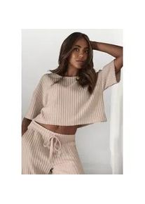 3/4-Arm-Shirt Lascana, Damen, Gr. 48/50, beige (sand, melange), Rippware, Obermaterial: 56% Polyester, 41% Viskose, 3% Elasthan, meliert, unifarben, figurumspielend kurz, Rundhals, Shirts 3/4-Arm-Shirt, Lounge-/Strickshirt aus weichem Strick, Loungewear