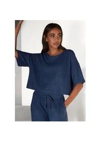 3/4-Arm-Shirt Lascana, Damen, Gr. 40/42, blau (blau, melange), Rippware, Obermaterial: 56% Polyester, 41% Viskose, 3% Elasthan, meliert, unifarben, figurumspielend kurz, Rundhals, Shirts 3/4-Arm-Shirt, Lounge-/Strickshirt aus weichem Strick, Loungewear