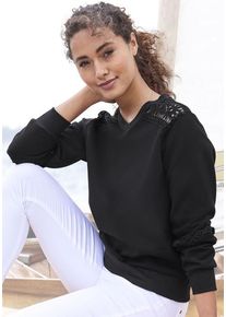 Vivance Sweatshirt schwarz Gr. 32/34 für Damen. V-Ausschnitt und Spitze. Figurumspielend. Nachhaltig.