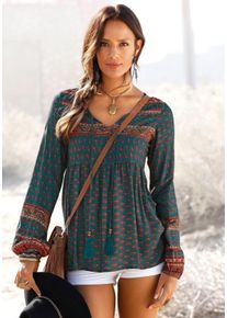 Buffalo Damen Schlupfbluse, blau, modisch, Gr. 34, bedruckt, Web, Obermaterial: 100% Viskose, Blusen, mit Ethnodruck und Zierperlen, Boho-Style,