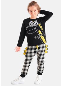 DENOKIDS Herren Hausanzug "Plaid Dino", Gr. 122, schwarz, 92% Baumwolle;8% Elasthan, bedruckt, Basic, Homewear-Sets, mit Dinosaurieraufdruck