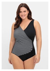 sheego Damen Badeanzug "Große Größen", schwarz, Gr. 52, unifarben, Polyamid, Xtra Life LYCRA, Badeanzüge, in Wickeloptik, mit Streifen