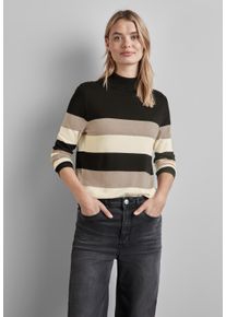 Street One Damen Strickpullover, schwarz, casual, Gr. 44, gestreift, Stoff, 75% Viskose, 25% Polyamid, Pullover, mit Stehkragen
