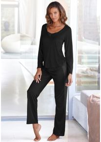 Lascana Damen Pyjama, Gr. 40, schwarz, Single Jersey, Obermaterial: 100% Viskose, unifarben, elegant, Homewear-Sets, mit Details aus Spitze