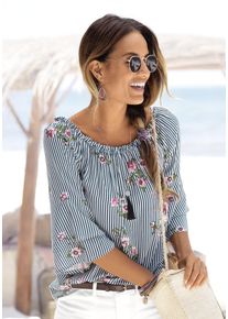 Lascana Damen Carmenbluse, blau, modisch, Gr. 36, bedruckt, Web, Obermaterial: 100% Viskose, Blusen, mit modischem Druck, Damenbluse, schulterfrei,