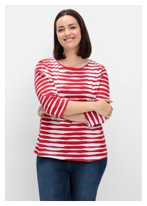 sheego Damen 3/4-Arm-Shirt "Große Größen", rot, casual, Gr. 46, gestreift, Obermaterial: 100% Baumwolle, Shirts, mit welligen Streifen