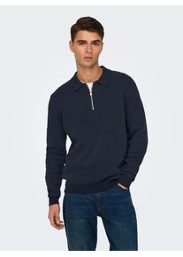 Only & Sons ONLY & SONS Herren Polokragenpullover "ONSMATTEO LS ZIP POLO", blau, modisch, Gr. M, unifarben, Strick, Obermaterial: 100% Baumwolle, Pullover
