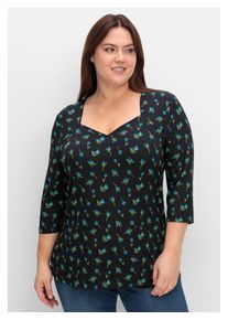 sheego Damen T-Shirt "Große Größen", schwarz, feminin, Gr. 48, gemustert, Obermaterial: 95% Viskose, 5% Elasthan, Shirts, mit Blumenprint und