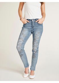 Heine Damen Röhrenjeans, blau, Gr. 38, geblümt, gemustert, 68% Baumwolle, 19% Polyester, 11% Viskose, 2% Elasthan, Jeans