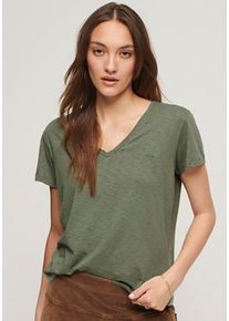 Superdry Damen V-Shirt "STUDIOS SLUB EMB VEE TEE", grün, casual, Gr. XL, unifarben, Single Jersey, Obermaterial: 60% Baumwolle, 40% Lyocell, Shirts,