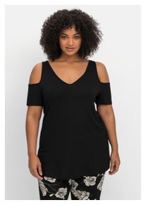 sheego Damen T-Shirt "Große Größen", schwarz, feminin, Gr. 40, unifarben, Obermaterial: 95% Viskose, 5% Elasthan, Shirts, mit V-Ausschnitt, im