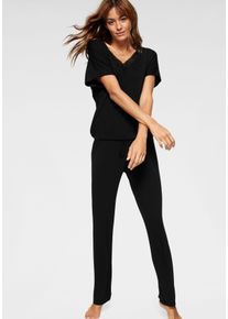 Lascana Damen Pyjama, Gr. 32, schwarz, Single Jersey, Obermaterial: 95% Viskose, 5% Elasthan, unifarben, Homewear-Sets, mit Spitze und Saumbändchen