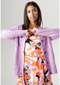 Damen Strickjacke, lila, elegant, Gr. 34, Aniston SELECTED, unifarben, Ajourstrickmuster, Strick, Obermaterial: 50% Baumwolle, 50% Polyacryl,
