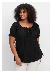 Damen Kurzarmbluse "Große Größen", schwarz, feminin, Gr. 50, sheego by Joe Browns, unifarben, Obermaterial: 100% Baumwolle, Blusen, mit Lochstickerei