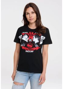 logoshirt Damen T-Shirt "Batman vs Superman - Face Off", schwarz, casual, Gr. XS, bedruckt, 100% Baumwolle, Shirts, mit großem Superhelden-Print