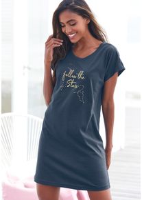 Vivance Dreams Damen Sleepshirt, Gr. 32, blau, Single Jersey, Obermaterial: 100% Baumwolle, bedruckt, unifarben mit Farbeinsatz, Basic, Kleider, mit