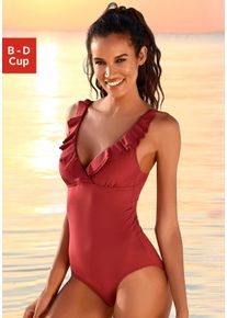 JETTE Damen Badeanzug, rot, Gr. 38, unifarben, Polyamid, Badeanzüge, mit eleganter Rüsche und Shaping-Effekt