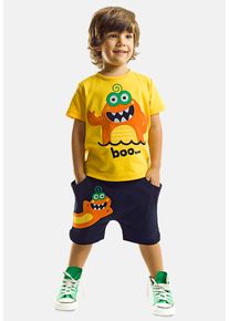 DENOKIDS Herren Hausanzug "Lake Monster", Gr. 128, gelb, 95% Baumwolle;5% Elasthan, bedruckt, Basic, Homewear-Sets, mit Monster-Applikation
