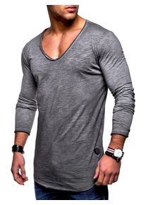 behype Herren Langarmshirt "NUKE L/S", grau, casual, Gr. M, unifarben, 100% Baumwolle, Shirts, mit V-Ausschnitt