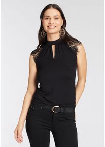 Laura Scott Damen T-Shirt, schwarz, feminin, Gr. 44, unifarben, clean, Single Jersey, Obermaterial: 95% Viskose, 5% Elasthan. Spitze: 100% Polyester,