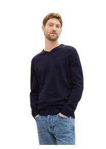 Tom Tailor Herren V-Ausschnitt-Pullover, blau, casual, Gr. XL, Strick, Obermaterial: 100% Baumwolle, Pullover, mit kleiner Logo-Stickerei