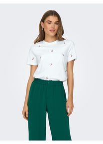 Only Damen Kurzarmshirt "ONLKETTY LIFE S/S O-NECK TOP JRS NOOS"hellweiß aop:cherries, modisch, Gr. XS, bedruckt, Jersey, Obermaterial: 100%
