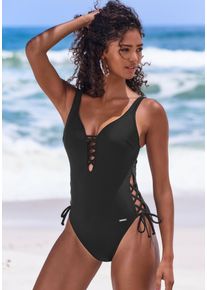 Bruno Banani Damen Badeanzug, schwarz, Gr. 36, unifarben, Recycling-Polyamid, Badeanzüge, mit Zierschnürungen