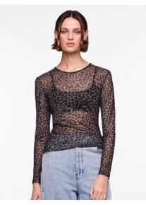 Pieces Damen Langarmshirt "PCNINNI LS MESH TOP NOOS BC", schwarz, casual, Gr. XS, gemustert, animal-print, durchscheinend, transparent, mehrfarbig,