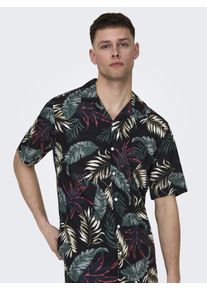 Only & Sons ONLY & SONS Herren Hawaiihemd "ONSWAYNE LIFE AOP SS VISCOSE SHIRT NOOS", schwarz, modisch, Gr. S, gemustert, Web, Obermaterial: 100% Viskose, Hemden