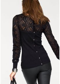 Melrose Damen Rundhalspullover, schwarz, feminin, Gr. 32, geblümt, unifarben, Feinstrick, Spitze, Obermaterial: 70% Viskose, 30% Polyamid. Spitze: