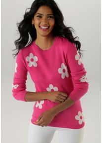 Damen Strickpullover, pink, modisch, Gr. 48, Aniston SELECTED, geblümt, Strick, Feinstrick, Obermaterial: 50% Viskose, 26% Polyamid, 24% Polyester,