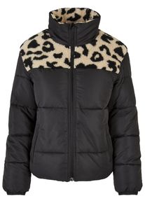 Urban Classics Damen Winterjacke "Urban Classics Damen Ladies AOP Sherpa Mixed Puffer Jacket", schwarz, casual, Gr. S, mehrfarbig, 100% Polyester,