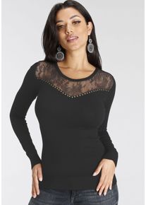 Melrose Damen Rundhalspullover, schwarz, feminin, Gr. 38, unifarben, Feinstrick, Spitze, Obermaterial: 70% Viskose, 30% Polyamid. Spitze: 85%