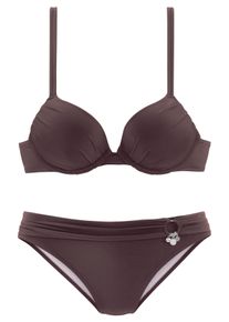 s.Oliver Damen Push-Up-Bikini, braun, Gr. 34, Microfaser, Polyamid, Bikini-Sets, mit Zierring an der Hose