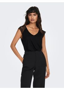 Only Damen V-Shirt "ONLPETRA S/S LACE MIX TOP CS JRS", schwarz, modisch, Gr. XS, unifarben, Single Jersey, Obermaterial: 95% Viskose, 5% Elasthan,