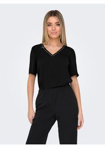 Only Damen V-Shirt "ONLAVA LIFE S/S CHAIN V-NECK TOP JRS", schwarz, modisch, Gr. M, unifarben, Jersey, Obermaterial: 65% Polyester, 35% Baumwolle,