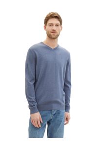 Tom Tailor Herren V-Ausschnitt-Pullover, blau, casual, Gr. L, Strick, Obermaterial: 100% Baumwolle, Pullover, mit kleiner Logo-Stickerei
