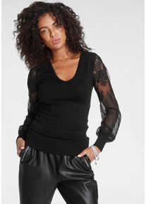 Melrose Damen V-Ausschnitt-Pullover, schwarz, feminin, Gr. 36, leicht durchscheinend, unifarben, Feinstrick, Spitze, Obermaterial: 70% Viskose, 30%