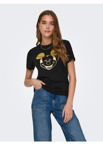 Only Damen Kurzarmshirt "ONLMICKEY S/S FOIL TOP CS JRS"schwarz print:mickey face, modisch, Gr. XS, bedruckt, Jersey, Obermaterial: 100% Baumwolle,