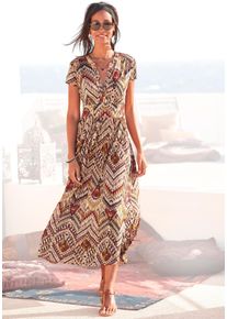 Lascana Damen Midikleid, braun, modisch, Gr. 34, bedruckt, Jersey, Obermaterial: 100% Viskose, Kleider, mit Ethnoprint und Reißverschluss vorne,
