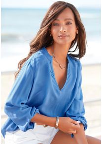 Lascana Damen Schlupfbluse, blau, modisch, Gr. 40, unifarben, Cru00eape, Obermaterial: 100% Viskose, Blusen, mit langen Ärmeln, leichte Damenbluse,