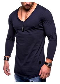 behype Herren Langarmshirt "NUKE L/S", blau, casual, Gr. M, unifarben, 100% Baumwolle, Shirts, mit V-Ausschnitt