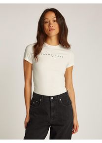 Tommy Jeans Damen T-Shirt "TJW SLIM LINEAR TEE EXT", weiß, Basic, Gr. XL, unifarben, Jersey, Obermaterial: 100% Baumwolle, Shirts, mit Logo-Schriftzug