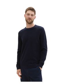 Tom Tailor Herren Rundhalspullover, blau, casual, Gr. S, unifarben, Strick, Obermaterial: 100% Baumwolle, Pullover, mit Rundhalsausschnitt